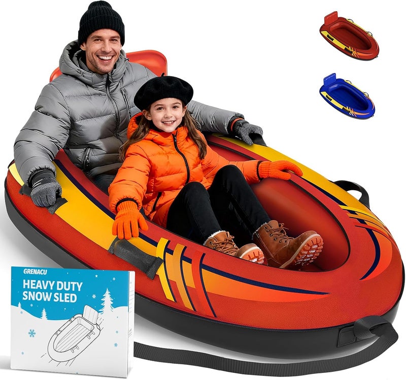 GRENACU 2 Person Inflatable Snow Sled with Premium Canvas Cover, Snow Tubes for Sledding Heavy Duty with Backrest and Handles for Adults, Winter Outdoor Toys Gifts for Boys Girls Family - Image 1